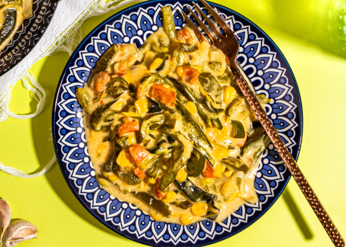Cactus With Sliced Poblano Peppers, Cream and Corn Featured Image